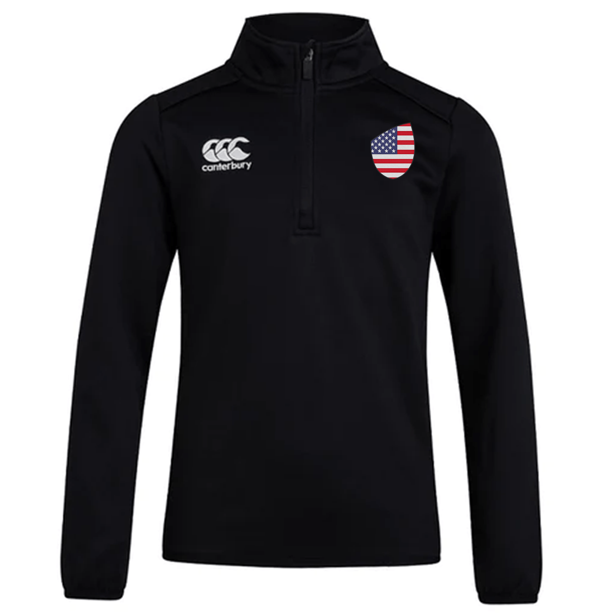 The EMB Canterbury USA Club Shield 1/4 Zip Training Top is a black long-sleeve ideal for the rugby season, featuring the iconic CCC logo and an American flag emblem on the chest.