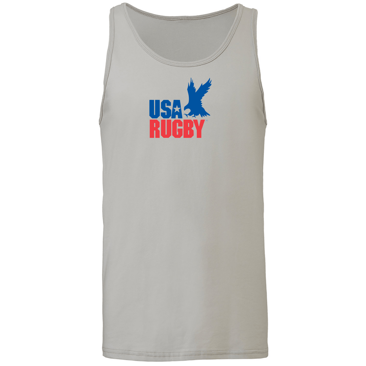 The USA Rugby Throwback Jersey Tank Top by WRS S&S Activewear features a light gray design with a blue eagle silhouette and "USA RUGBY" in blue and red on the chest. Unisex fit for classic comfort and style.