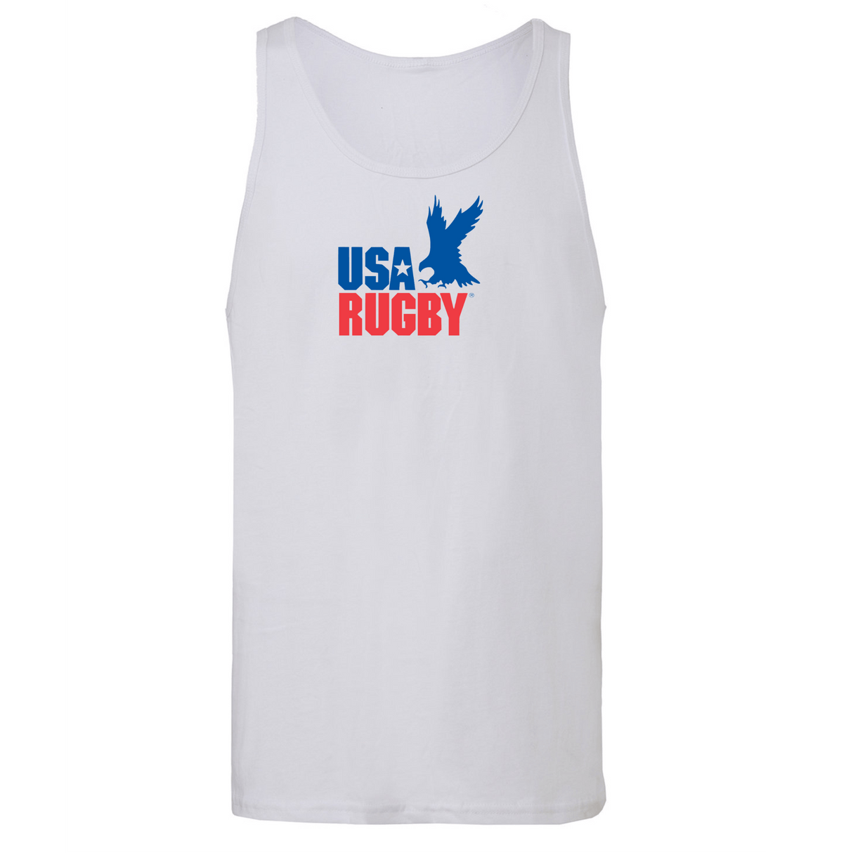 The USA Rugby Throwback Jersey Tank Top by WRS S&S Activewear features a blue eagle silhouette and "USA RUGBY" text in blue and red on the chest. This unisex tank is perfect for fans of all ages.