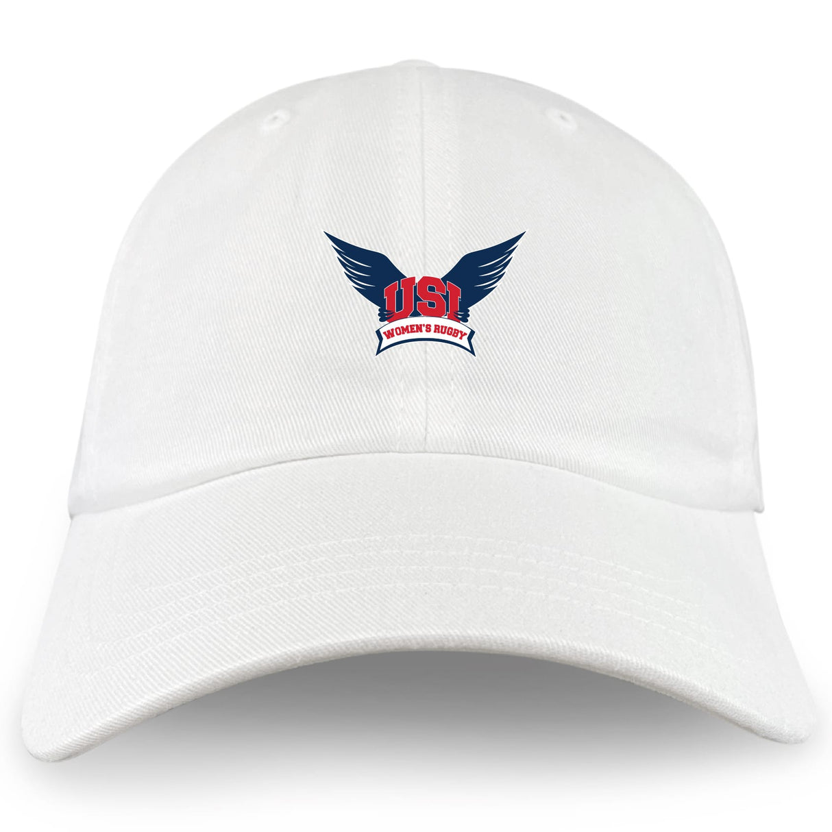 The EMB S&S Activewear University of Southern Indiana Women Adult Low-Profile Cotton Twill Dad Cap features a "USI Women's Rugby" logo with dark blue wings and bold red text—great for supporting your favorite rugby team.