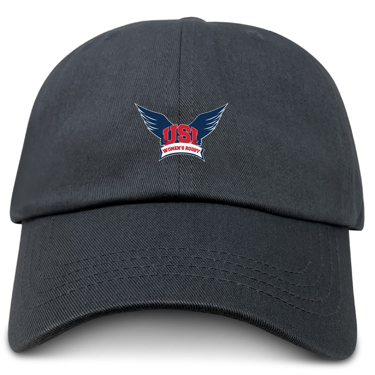 Show your support for USI Women’s Rugby with the EMB S&S Activewear University of Southern Indiana Women Adult Low-Profile Cotton Twill Dad Cap, featuring a blue-wing “USI Women’s Rugby” logo on the front.