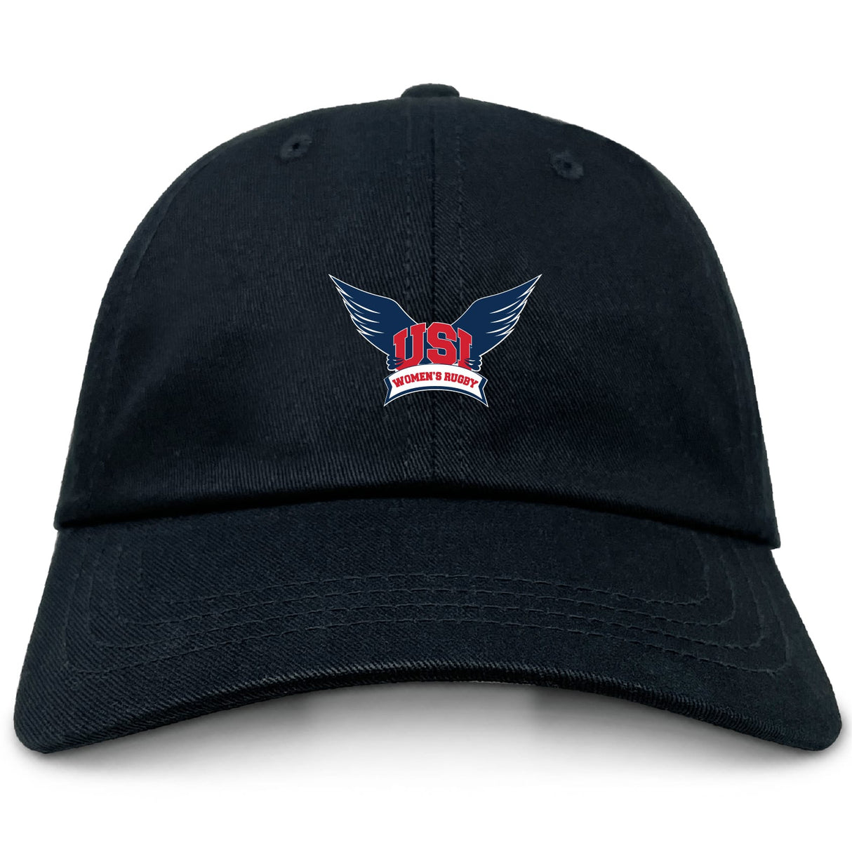 Show your team spirit with the EMB S&S Activewear University of Southern Indiana Women Adult Low-Profile Cotton Twill Dad Cap, featuring a winged "USI Women's Rugby" logo embroidered on the front.
