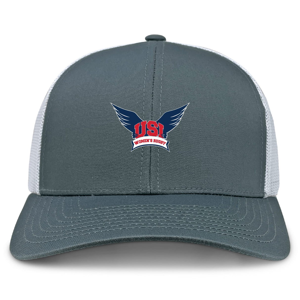 The University of Southern Indiana Women Retro Trucker Cap by EMB S&S Activewear features a gray and white design, an embroidered "USI Women's Rugby" logo with blue wings, and a snapback closure for adjustable fit.