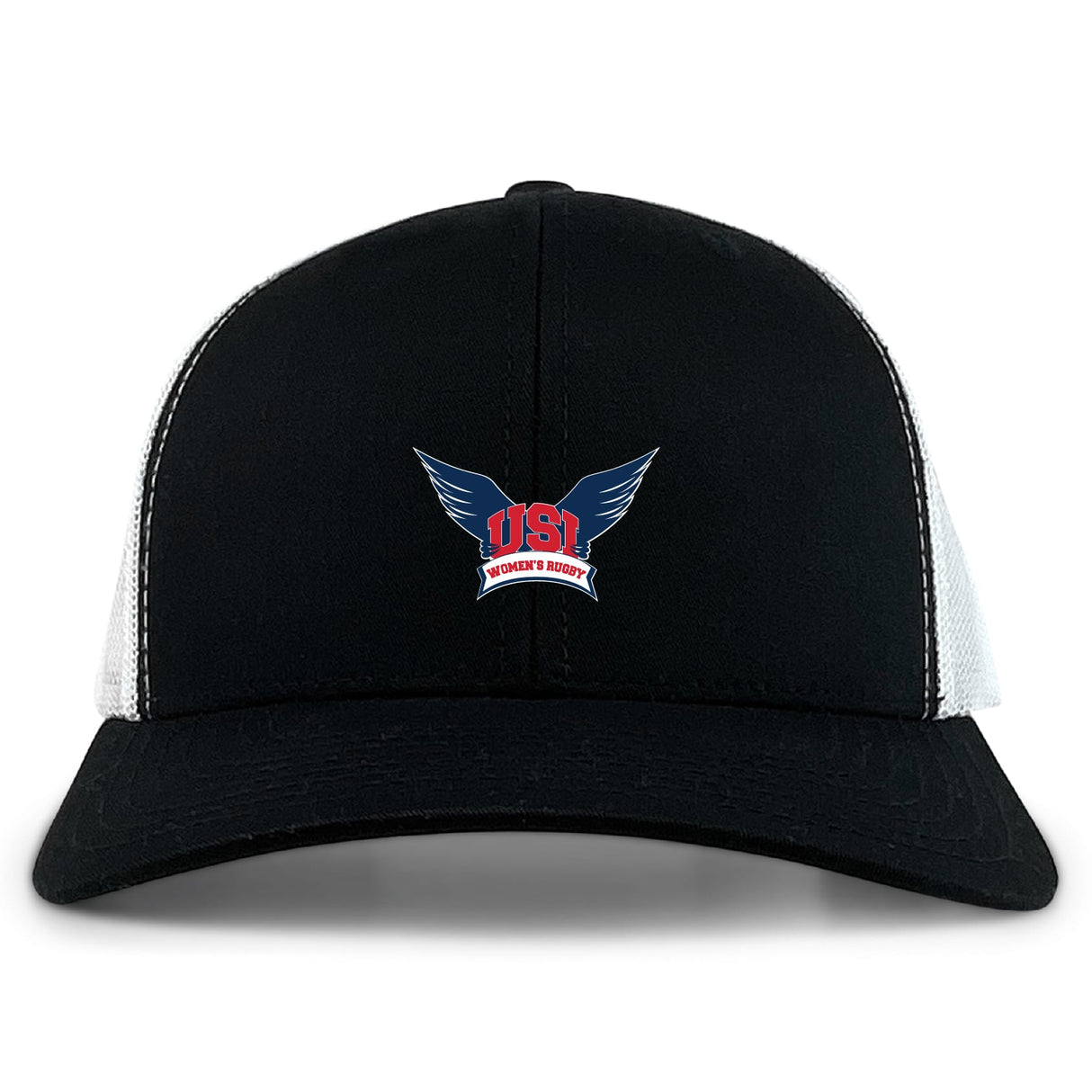 The EMB S&S Activewear University of Southern Indiana Women Retro Trucker Cap features a black and white design, embroidered "USI Women's Rugby" winged logo on the front, and a classic snapback closure.