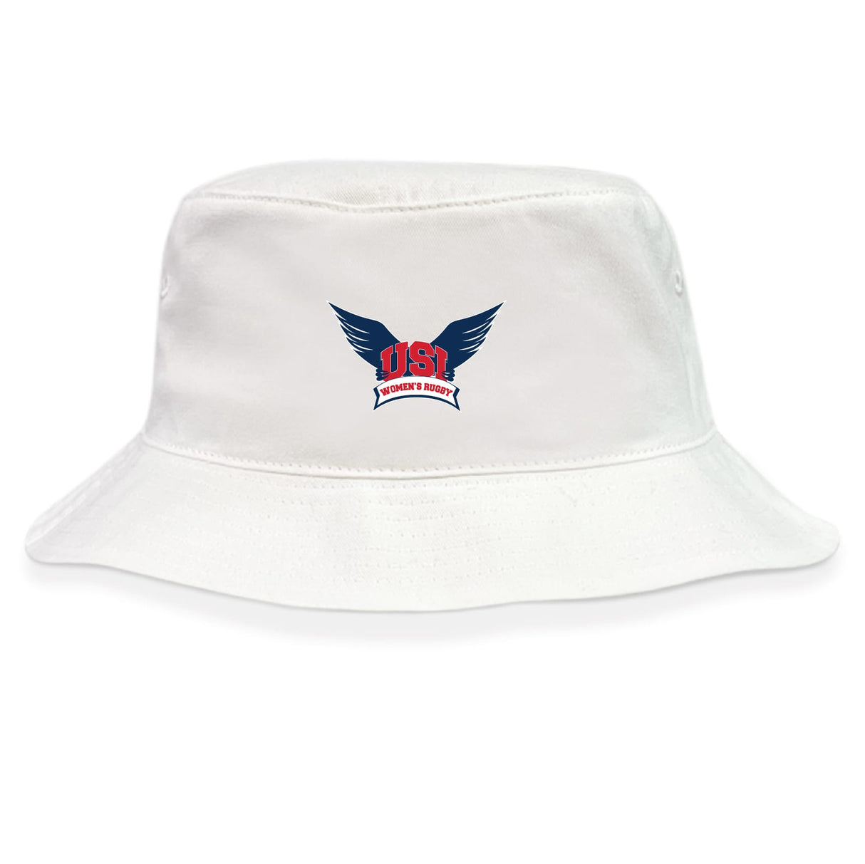 The EMB S&S Activewear University of Southern Indiana Women Crusher Bucket Cap features the "USL Women's Rugby" blue wings logo on white cotton, combining style and sun protection.