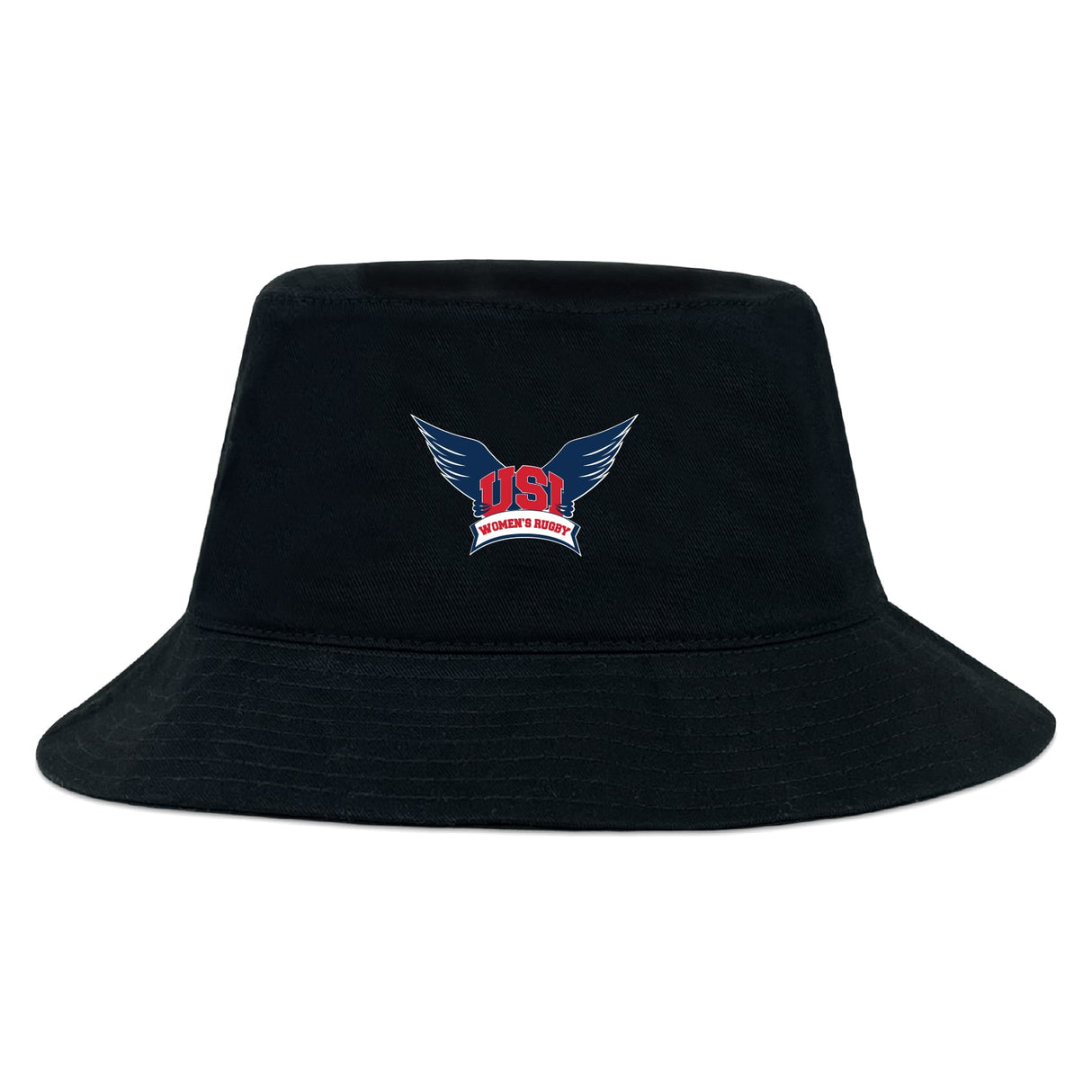 The University of Southern Indiana Women Crusher Bucket Cap by EMB S&S Activewear features a black cotton design with a blue and red "USI Women's Rugby" logo and stylized wings, providing stylish sun protection.