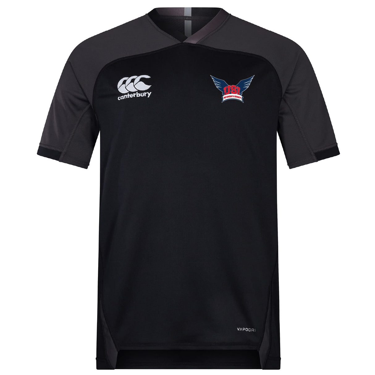 The University of Southern Indiana Women Vapodri Evader Jersey by EMB Canterbury is a black and dark gray short-sleeve jersey with moisture-wicking Vapodri tech, featuring the Canterbury logo on the right chest and a USA Rugby logo on the left.