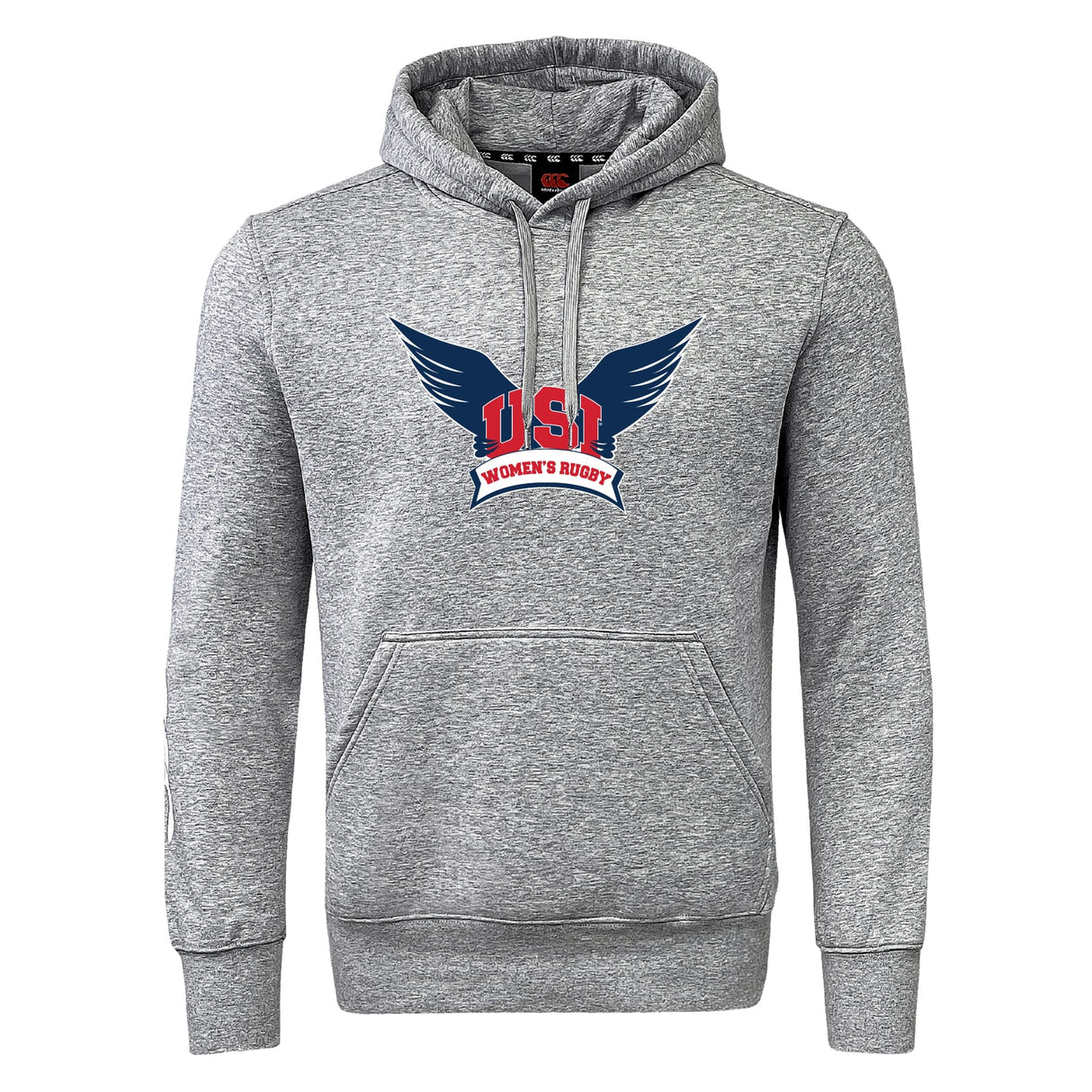 The University of Southern Indiana Women Club Hoodie by WRS Canterbury is a gray hooded sweatshirt with a front pocket and features a USA Women’s Rugby logo with blue wings and red lettering on the chest.