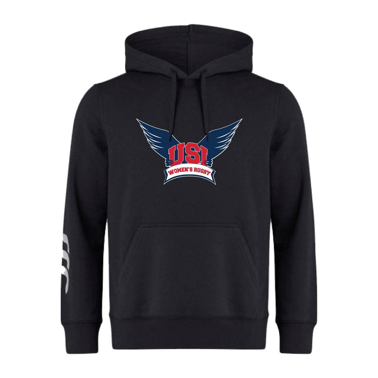 The WRS Canterbury University of Southern Indiana Women Club Hoodie by Canterbury is a black rugby hoodie with a "USA Women's Rugby" wing logo on the chest and three white stripes on the left sleeve.