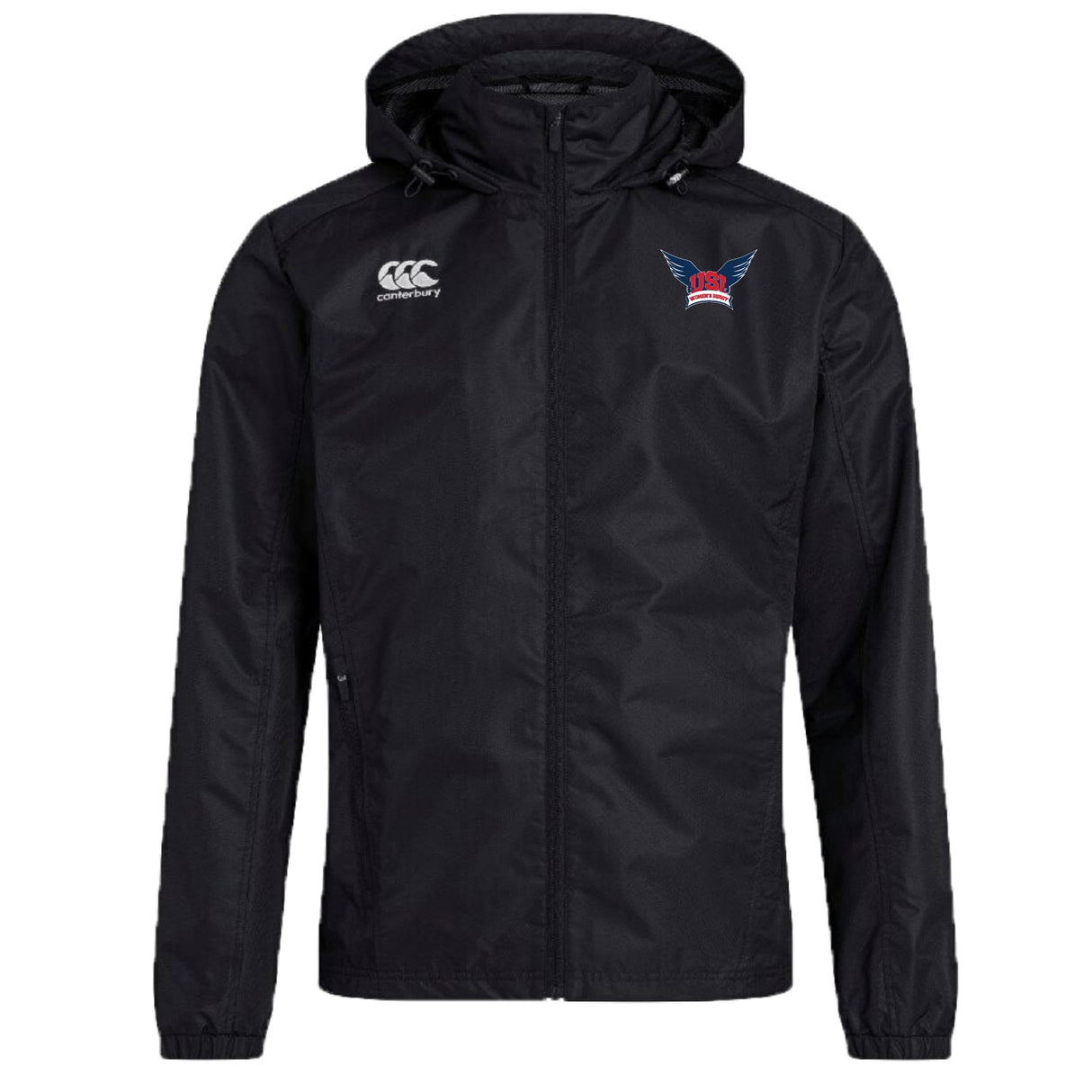 The University of Southern Indiana Women Club Vaposhield Full Zip Rain Jacket by EMB Canterbury is black with a front zipper, Canterbury logo on the right chest, blue/red winged emblem on the left, and features water-resistant VapoShield technology.