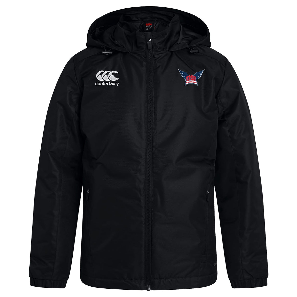 The EMB Canterbury University of Southern Indiana Women Club Vaposhield Stadium Jacket is a black hooded coat with a front zip, padded insulation, the Canterbury logo on the right chest, and a stylized bird emblem on the left.