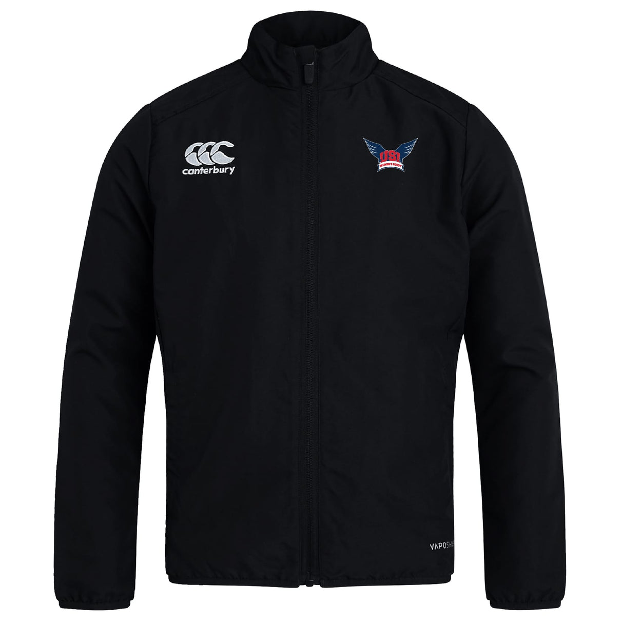 The University of Southern Indiana Women Club Track Jacket by EMB Canterbury is a black lightweight jacket with a zip-up front, featuring the Canterbury logo on the right chest and a winged badge on the left chest.