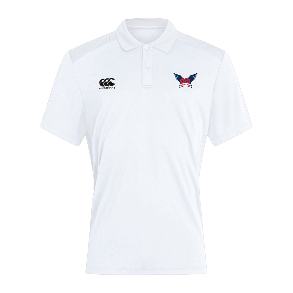The EMB Canterbury University of Southern Indiana Women Club Dry Polo is a white, short-sleeve polo with a collar, featuring the Canterbury logo and winged "USA" emblem. Made with advanced Vapodri technology for breathable comfort.