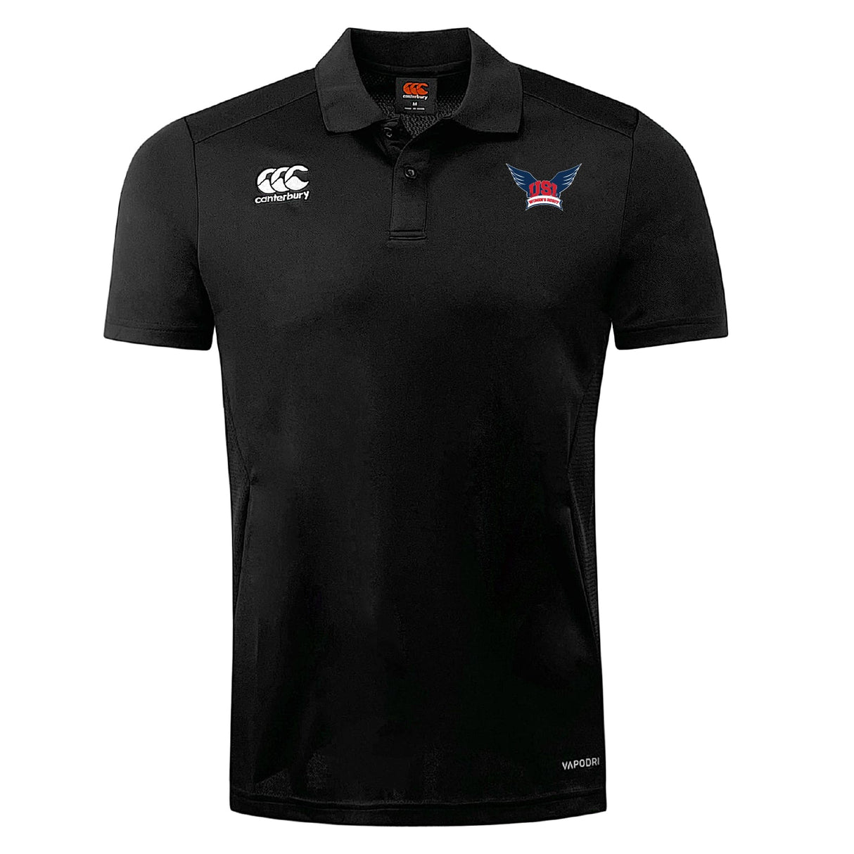 The University of Southern Indiana Women Club Dry Polo by EMB Canterbury is a black short-sleeve polo with two chest logos and Vapodri tech for moisture control and comfort.