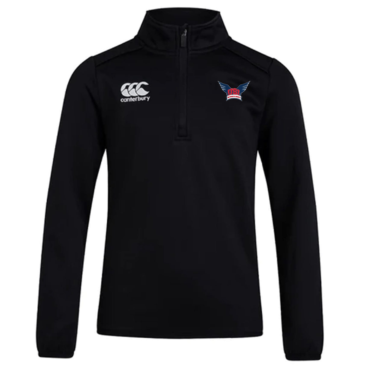 The University of Southern Indiana Women Club 1/4 Zip Mid Layer Training Top by EMB Canterbury features a black design with the Canterbury logo right chest and winged badge left, ideal for custom rugby apparel.