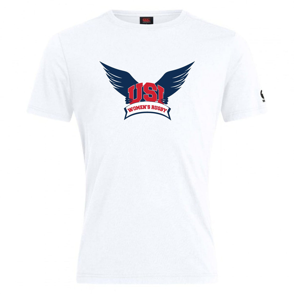 The University of Southern Indiana Women Club Plain Tee by WRS Canterbury is a white cotton-blend t-shirt with a blue and red "USI Women's Rugby" wing logo, inspired by the classic CCC Club Plain T-shirt style.