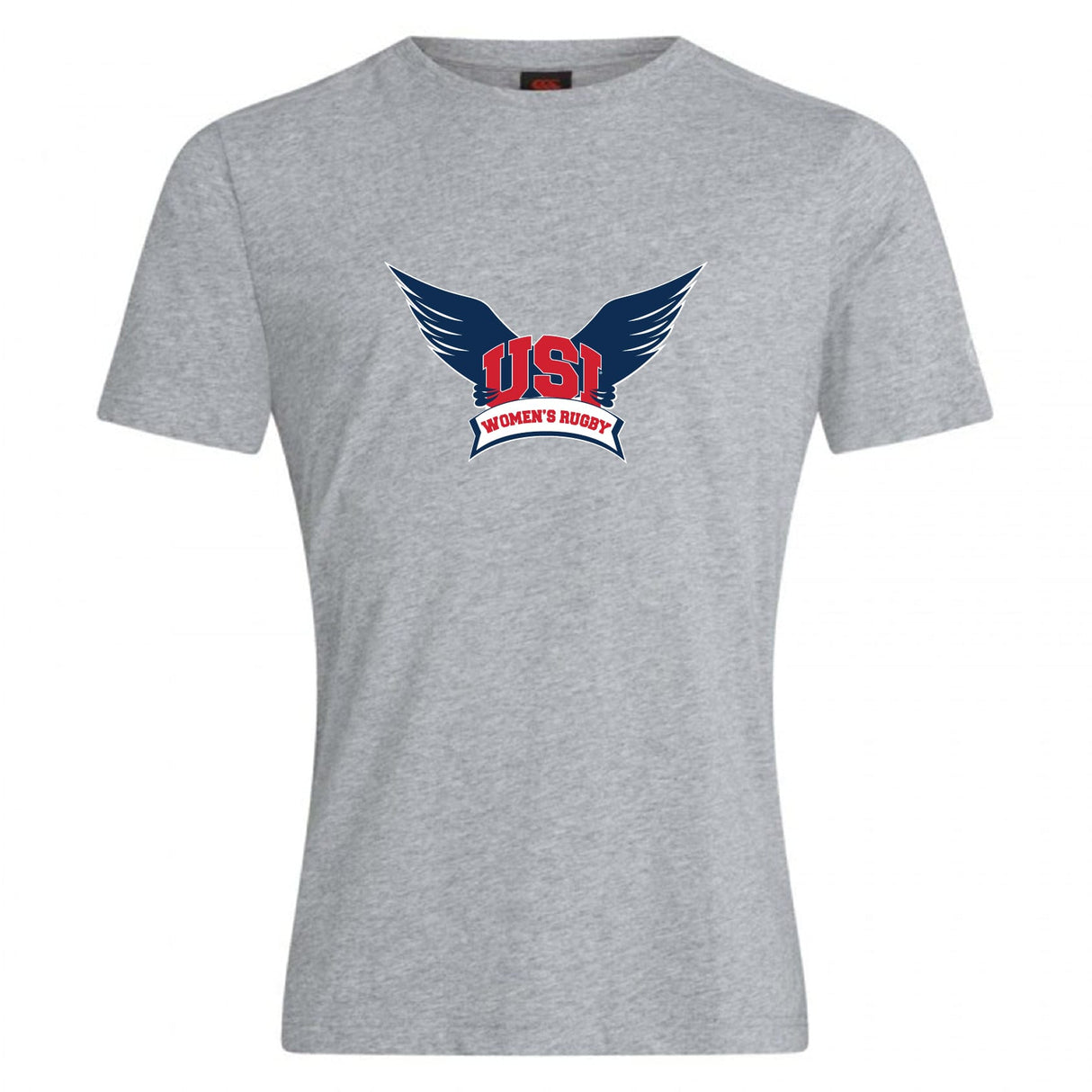 The WRS Canterbury University of Southern Indiana Women Club Plain Tee features a gray cotton blend, short sleeves, and a winged navy/red "USI Women's Rugby" chest logo—combining comfort and style for every fan.
