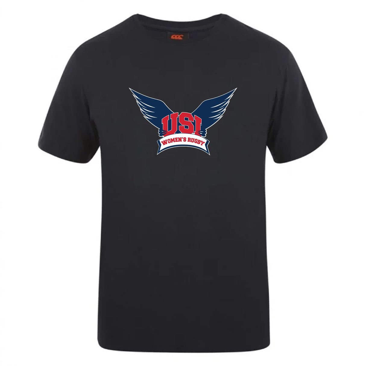 The University of Southern Indiana Women Club Plain Tee by WRS Canterbury is a black cotton blend t-shirt featuring a winged "USI" logo with "Women's Rugby" beneath, printed on the chest—combining comfort and style for fans and players.