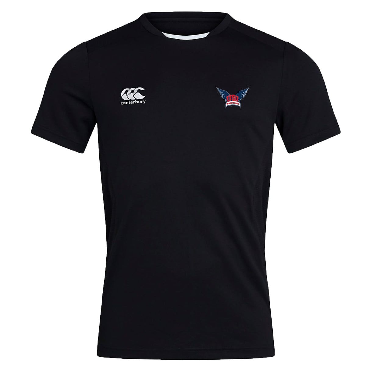 The University of Southern Indiana Women Club Dry Tee by EMB Canterbury is a black sports shirt with a white Canterbury logo, Vapodri Technology for comfort, and a red and blue winged emblem—perfect for active days.