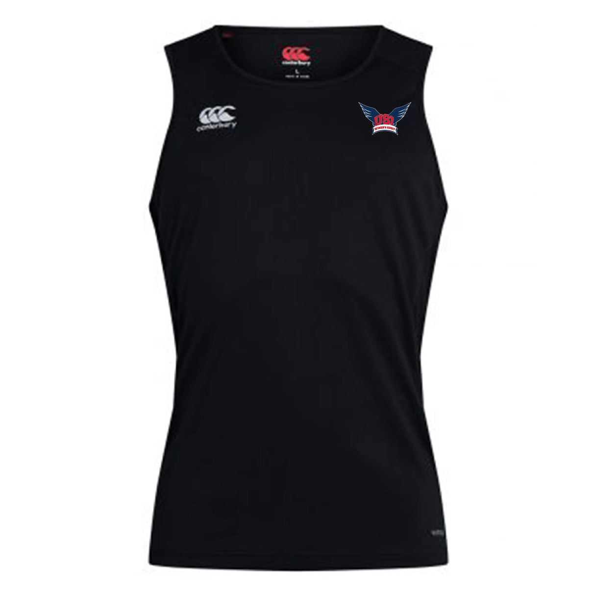 The University of Southern Indiana Women Club Dry Singlet by EMB Canterbury is a sleeveless black athletic tank with a small white Canterbury logo and winged "DRC" chest logo—ideal workout gear.