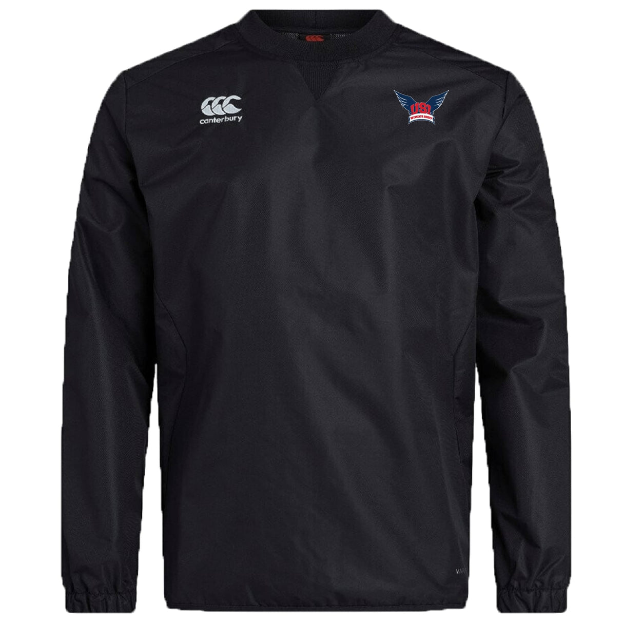 The University of Southern Indiana Women Club Vaposhield Contact Top by EMB Canterbury is a black long-sleeve rugby top with a red-and-blue winged chest logo, crew neckline, elastic cuffs, and breathable Vaposhield technology.