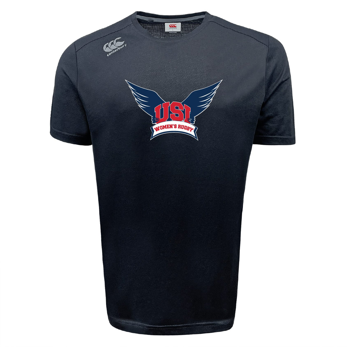 The WRS Canterbury University of Southern Indiana Women Tempo Vapodri T-Shirt features short sleeves, a winged USI Rugby logo with red text on the chest, and a white CCC logo—ideal as a breathable, moisture-wicking performance shirt.