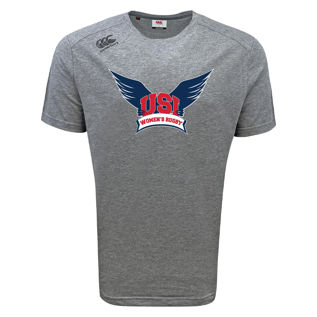 The University of Southern Indiana Women Tempo Vapodri T-Shirt by WRS Canterbury is a gray short-sleeve athletic tee featuring a blue winged logo and red "USI Women's Rugby" text on the front.
