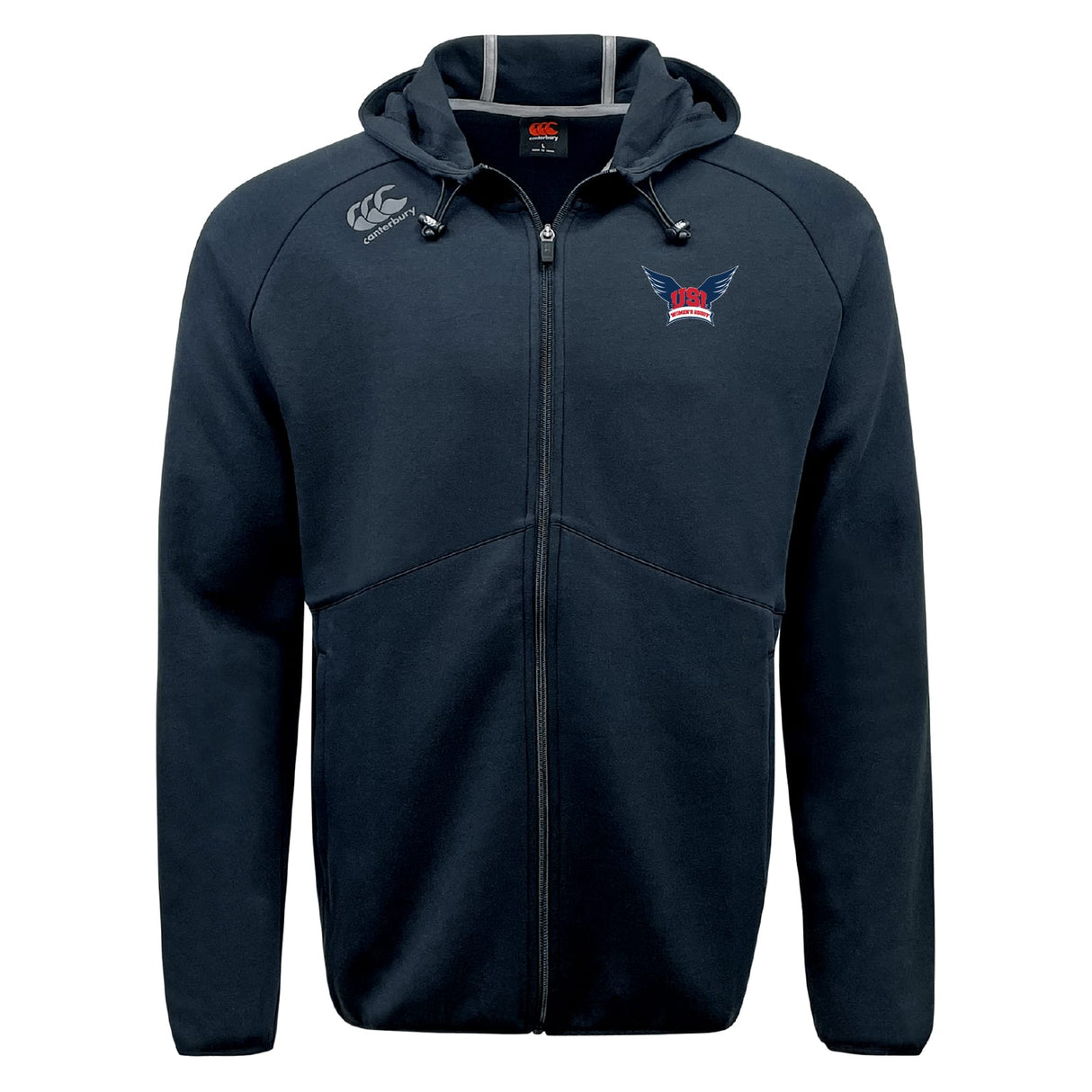 The EMB Canterbury University of Southern Indiana Women Tempo Vapodri Full-Zip Hoodie features navy blue moisture-wicking fabric, a hood, front pockets, a white Canterbury logo on the right shoulder, and a red-and-blue emblem on the left chest.