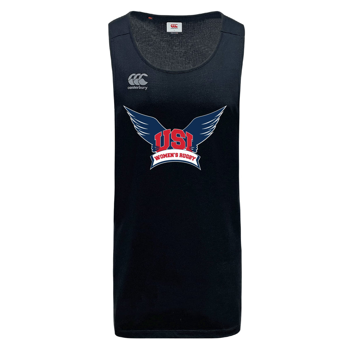 The WRS Canterbury University of Southern Indiana Women Tempo Vapodri Singlet features "USI Women's Rugby" and a winged logo on the chest, Canterbury logo on the shoulder, recycled polyester fabric, and advanced VapoDri comfort technology.