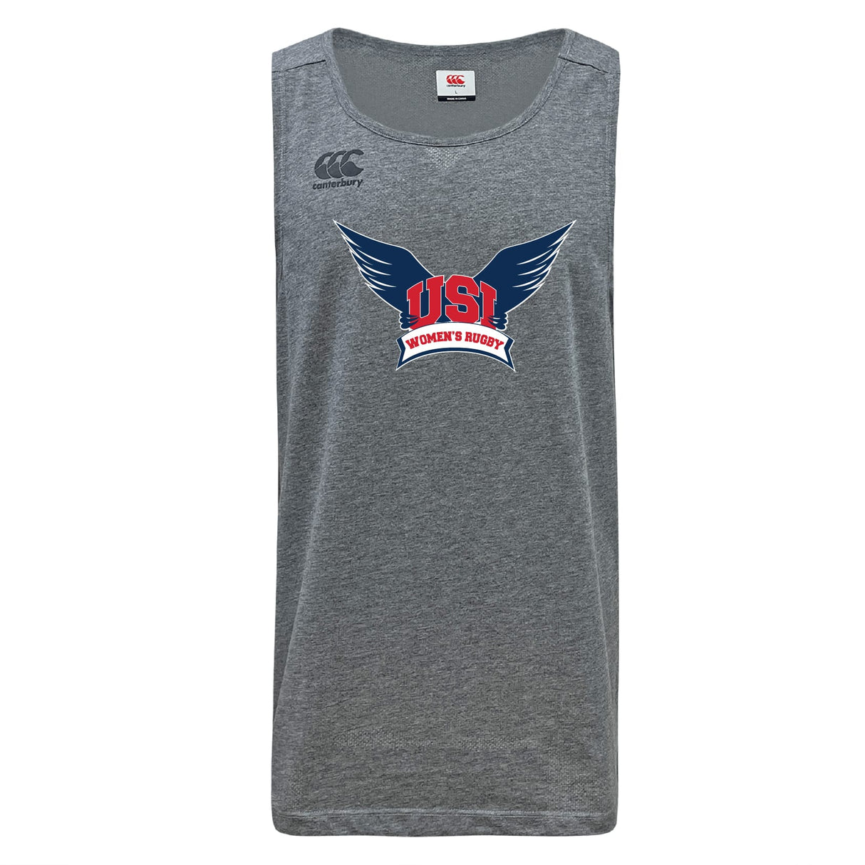 The WRS Canterbury University of Southern Indiana Women Tempo Vapodri Singlet is a gray sleeveless athletic shirt with the Canterbury logo and a large "USI Women's Rugby" winged graphic, made from recycled polyester.