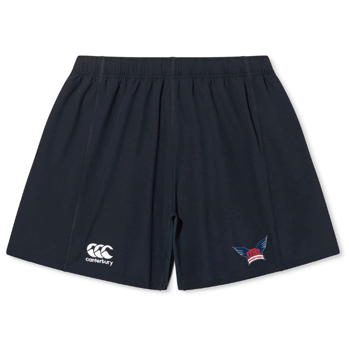 The EMB Canterbury University of Southern Indiana Women Yokohama Shorts are navy blue with an elastic waistband, a white Canterbury logo on the left leg, and a multicolored winged crown logo on the right. Lightweight and designed for peak performance.
