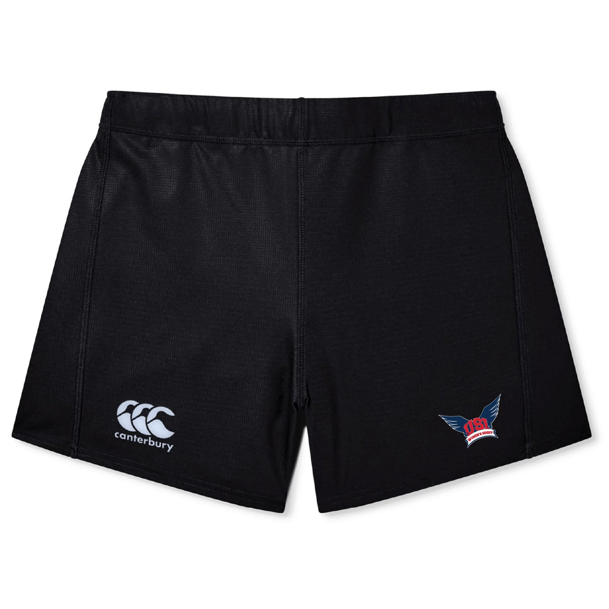 The EMB Canterbury University of Southern Indiana Women's Yokohama Short is a black rugby short for women, featuring the brand logo on the left leg and a winged "USA" emblem on the right—ideal for rugby or everyday wear.