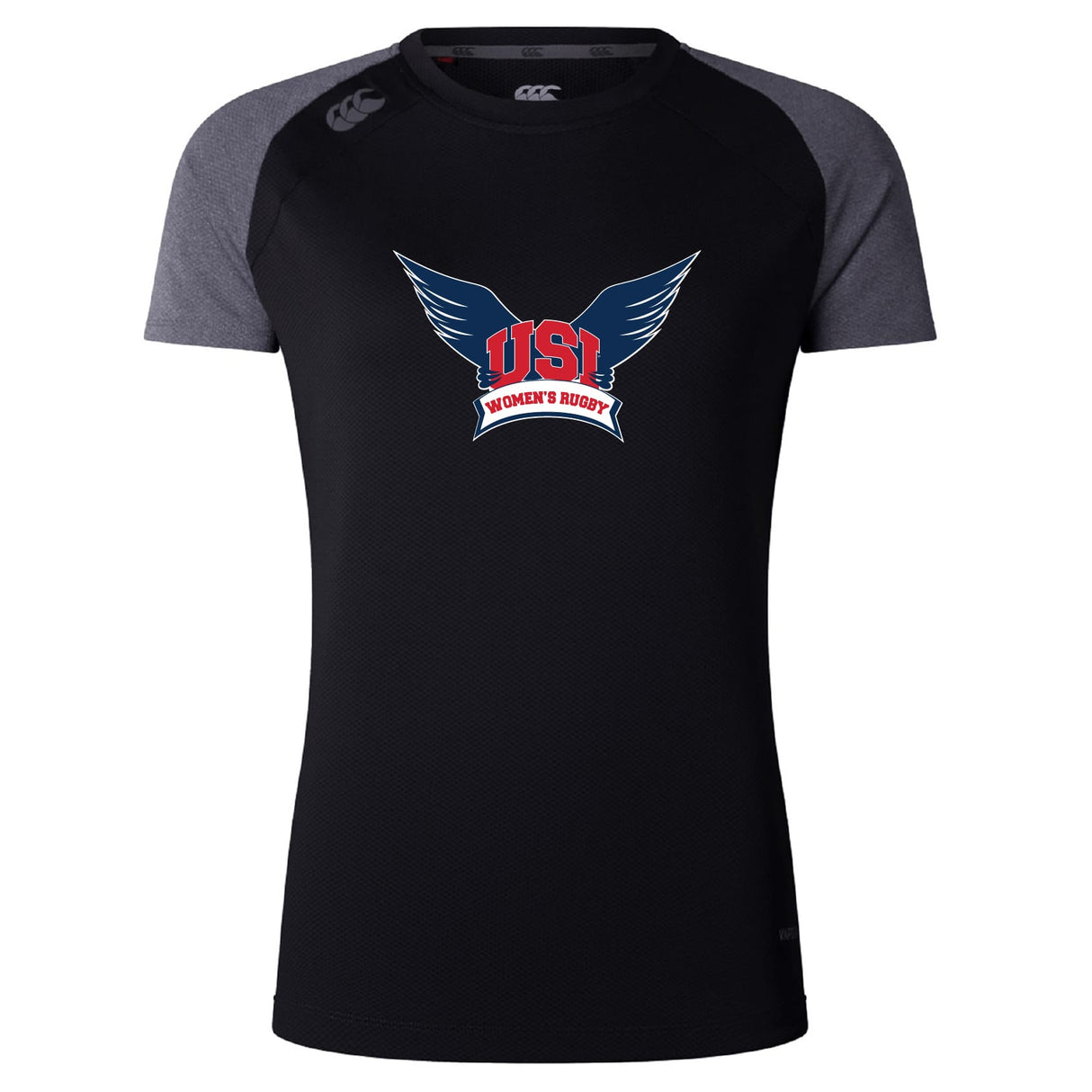 The University of Southern Indiana Women Women's Elite Training Tee by WRS Canterbury features a black and dark gray design with a "USI Women's Rugby" logo, offering lightweight, moisture-wicking comfort for your workouts.