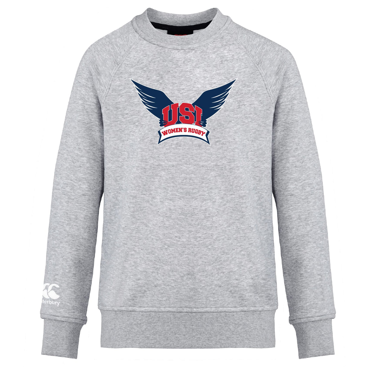The University of Southern Indiana Women Club Crew Sweatshirt by WRS Canterbury is a gray, ultra-soft top with a "USI Women's Rugby" front logo in red and dark blue wings, plus an embroidered CCC logo on the left sleeve.