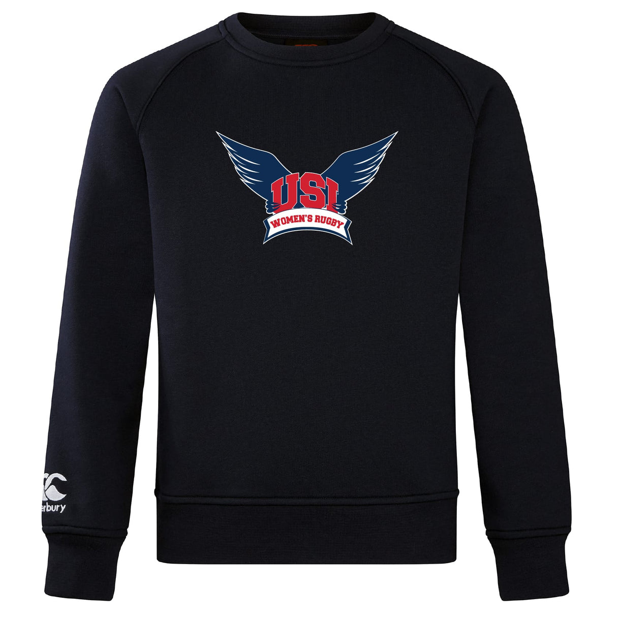 The WRS Canterbury University of Southern Indiana Women Club Crew Sweatshirt in black features "USI Women's Rugby" and winged logo on the chest, plus an embroidered CCC logo on the left sleeve.