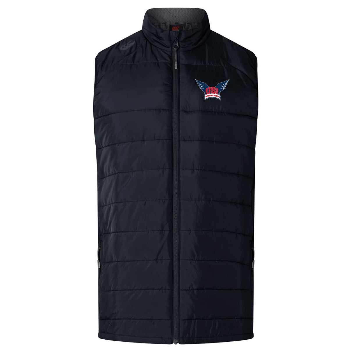The University of Southern Indiana Women Elite Microlite Gilet by EMB Canterbury is a black quilted insulated sports vest featuring a front zipper and a small embroidered winged logo on the left chest.