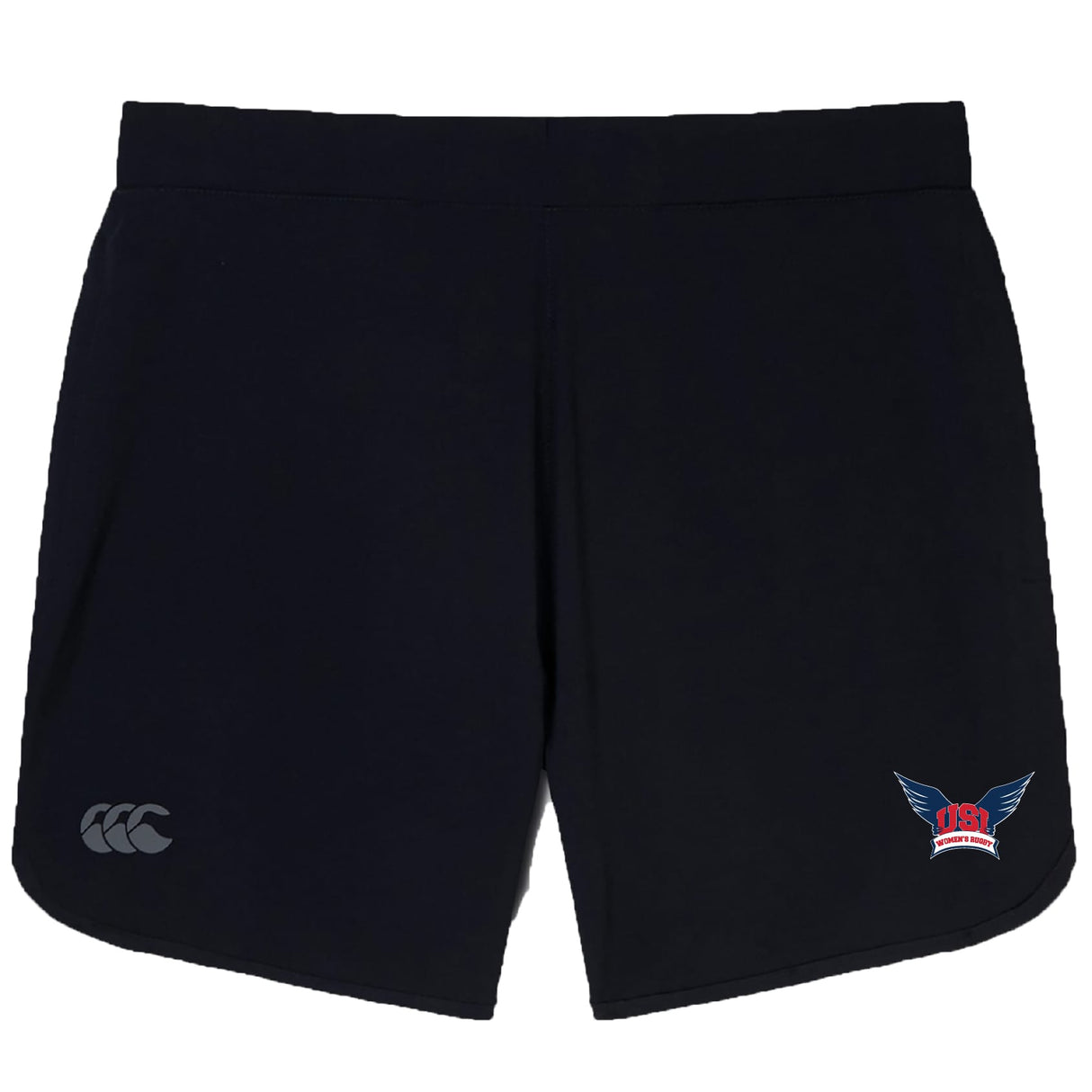 The University of Southern Indiana Women Elite Woven Short by EMB Canterbury features a small CCC logo on the left leg, a red, blue, and white winged emblem on the right, and zippered pockets for secure workout storage.