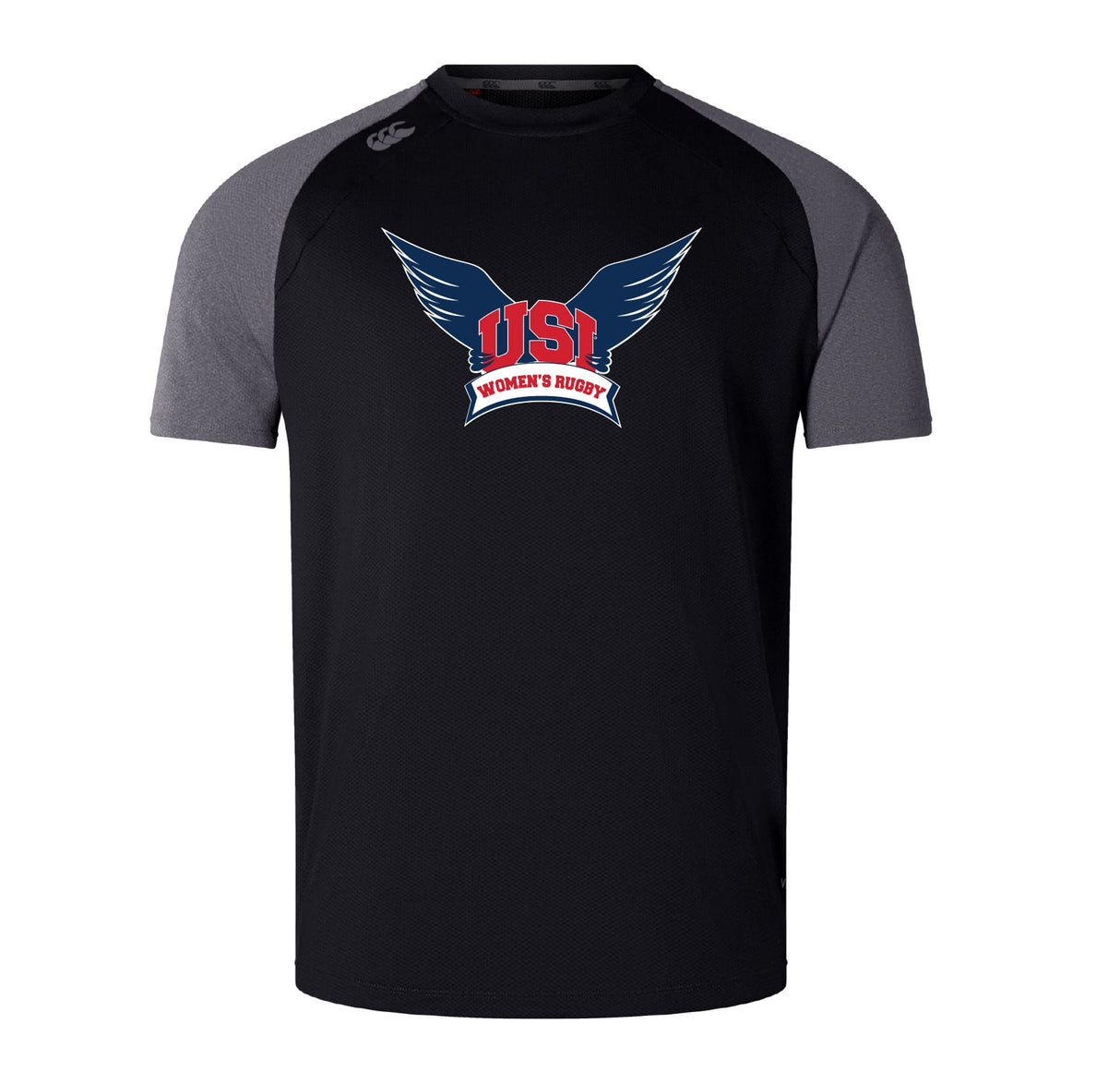 Black and gray University of Southern Indiana Women Elite Training Tee by WRS Canterbury with 'USA Women's Rugby' winged logo on chest. Made from Vapodri fabric, this lightweight durable tee keeps you cool during tough workouts.