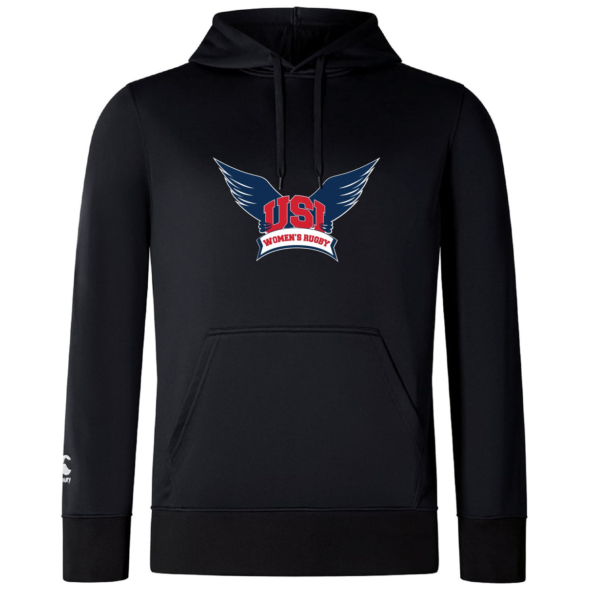 The WRS Canterbury University of Southern Indiana Women Club Lightweight Hoodie showcases a winged "USI Women's Rugby" chest logo, a white logo on the sleeve, and a kangaroo pocket—ideal for Canterbury fans.