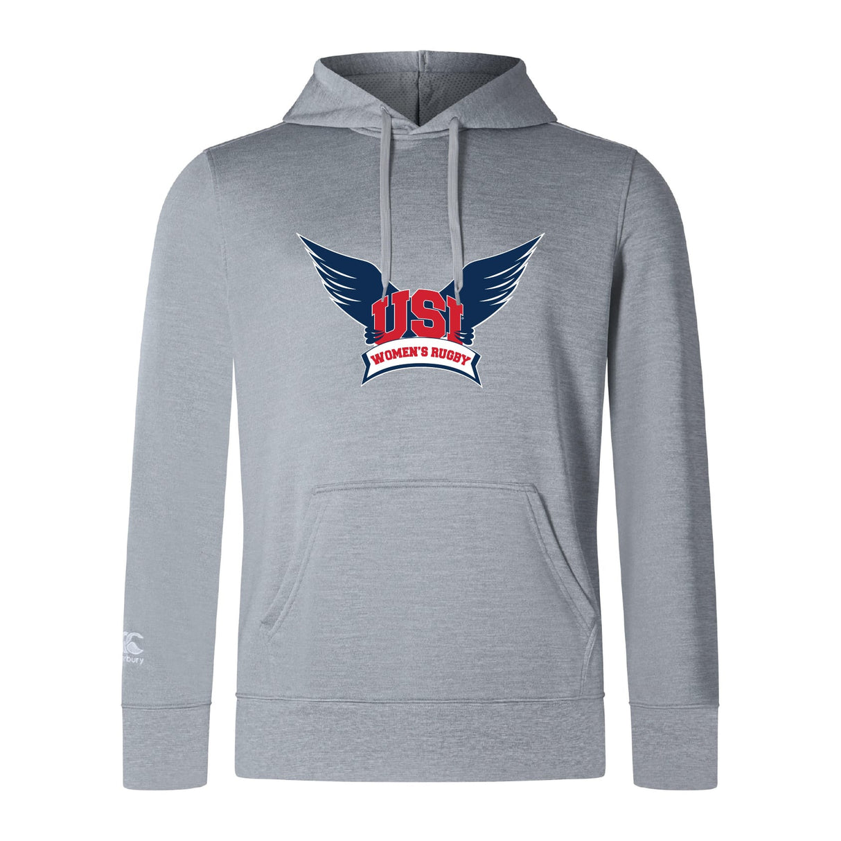 The University of Southern Indiana Women Club Lightweight Hoodie by Canterbury features a "USI Women's Rugby" logo with blue wings and red lettering, a comfy kangaroo pocket, and comes in light gray. Brand: WRS Canterbury.