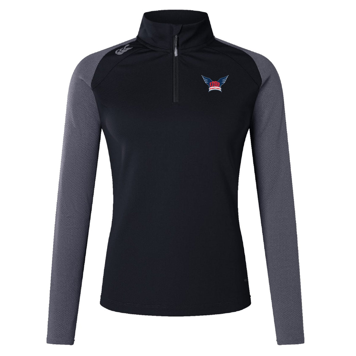 The EMB Canterbury University of Southern Indiana Women's Elite First Layer is a black and gray long-sleeve quarter-zip athletic top with VapoDri moisture-wicking tech and a red, white, and blue winged logo on the left chest.