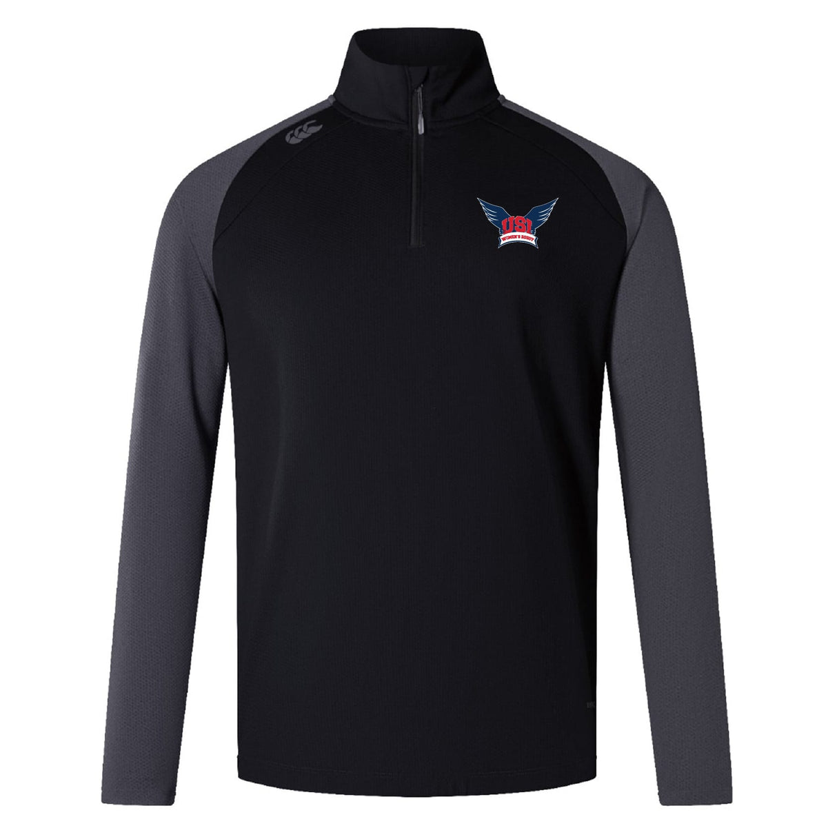 The University of Southern Indiana Women Elite First Layer by EMB Canterbury is a black and dark gray long-sleeve rugby training top with quarter-zip, VapoDri tech, winged crown chest logo, and small right shoulder logo.
