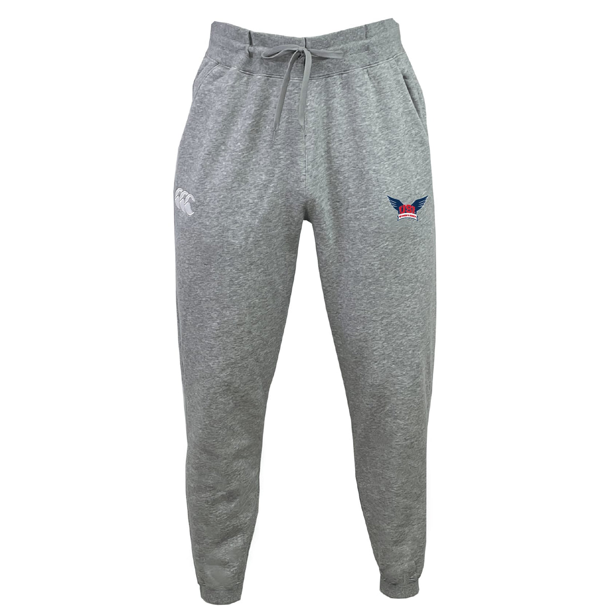 The University of Southern Indiana Women Leisure Sweatpant by EMB Canterbury features recycled polyester fleece, a drawstring waistband, white logo on the left thigh, and a blue and red emblem on the right thigh.