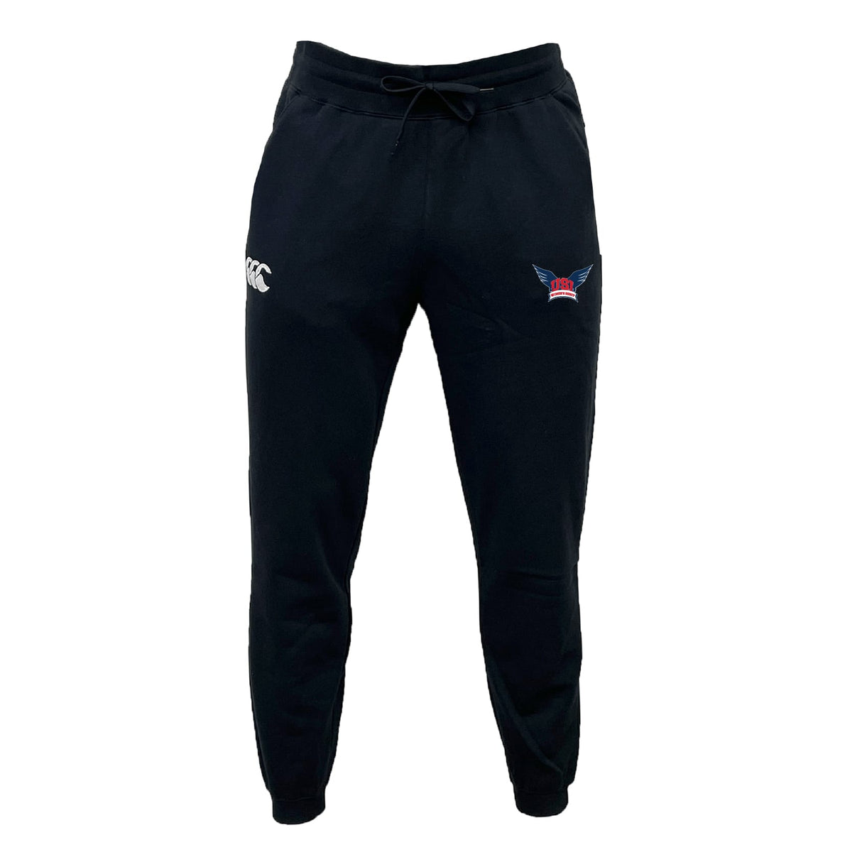 The EMB Canterbury University of Southern Indiana Women Leisure Sweatpant features a drawstring waist, recycled polyester fleece, a white CCC logo on the left thigh, and a winged emblem on the right thigh.
