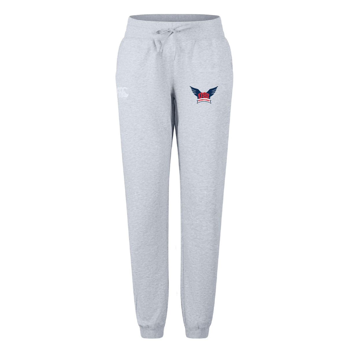 The University of Southern Indiana Women’s Leisure Sweatpant by EMB Canterbury features light gray organic cotton, a drawstring waist, cuffed ankles, and a red, white, and blue winged emblem on the left hip for all-day comfort.