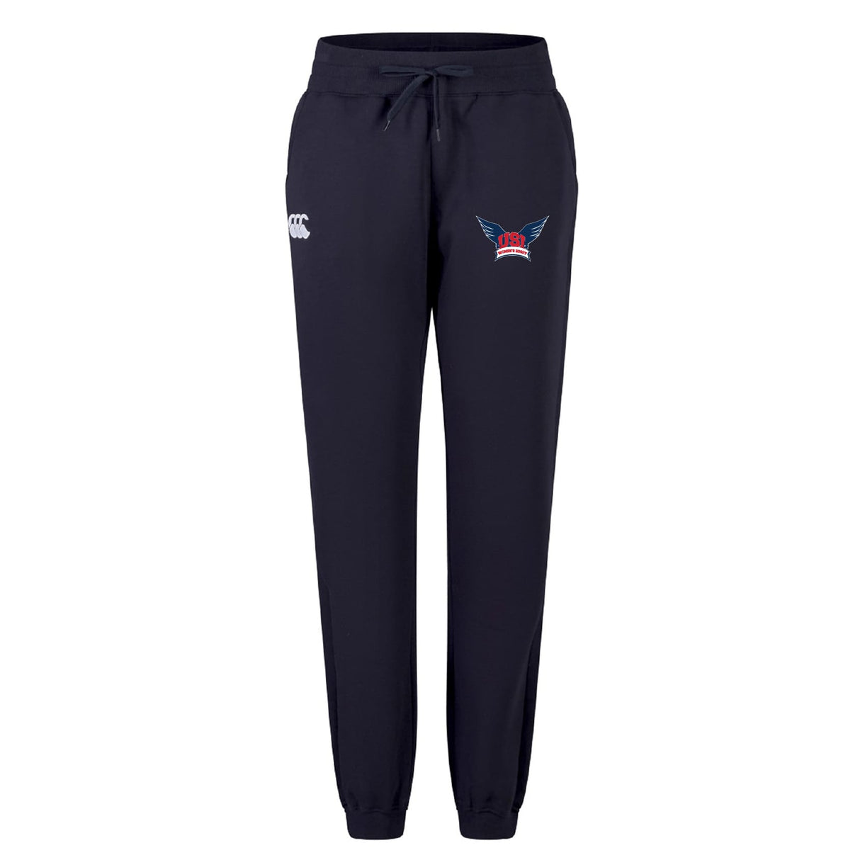 The EMB Canterbury University of Southern Indiana Women's Leisure Sweatpant features a navy blue organic cotton design, drawstring waist, white logo on the right thigh, and a colorful winged emblem on the left thigh for all-day comfort.
