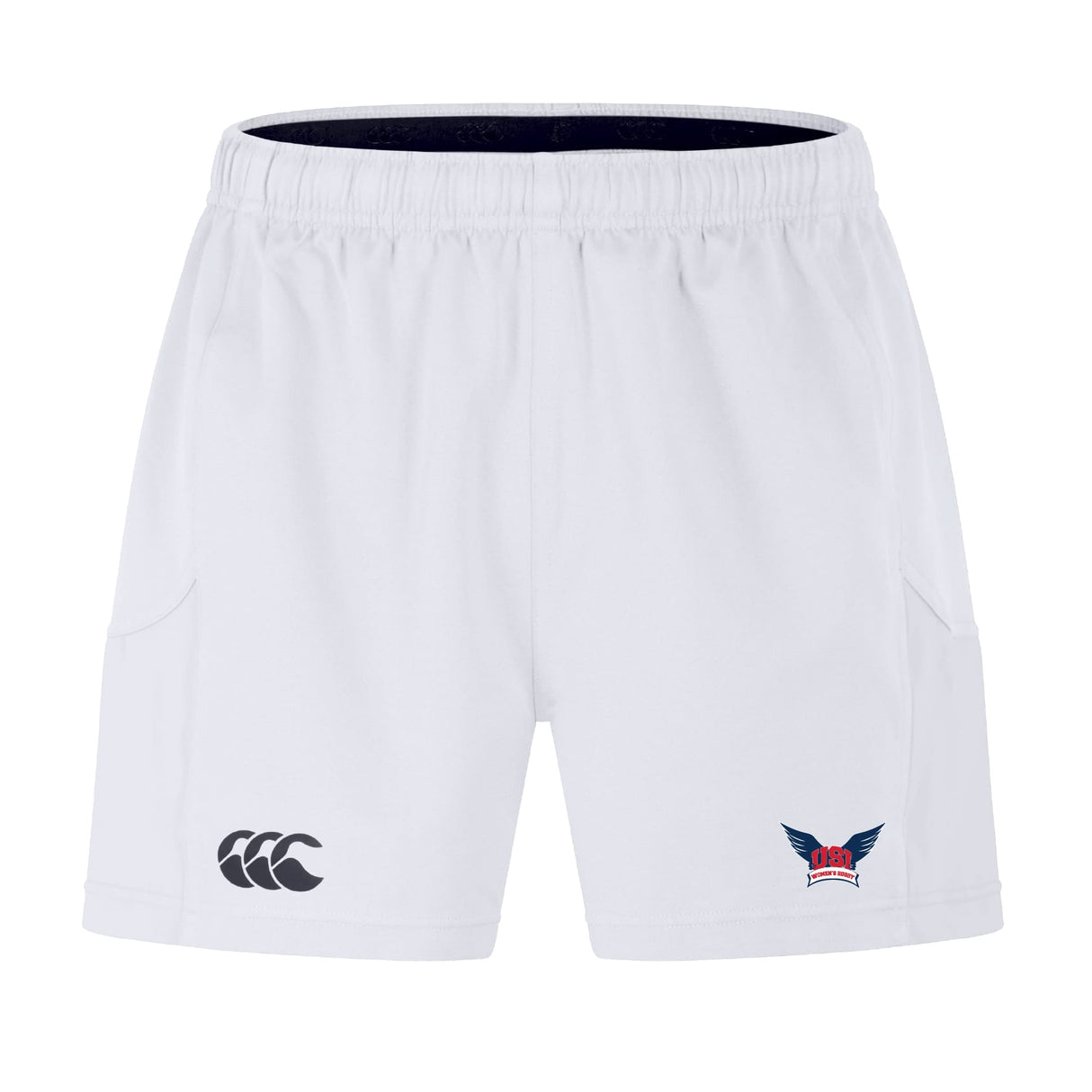 The EMB Canterbury University of Southern Indiana Women Advantage Short 2.0 features an elastic waistband, a black Canterbury logo on the left leg, and a winged emblem with a red crown on the right leg.