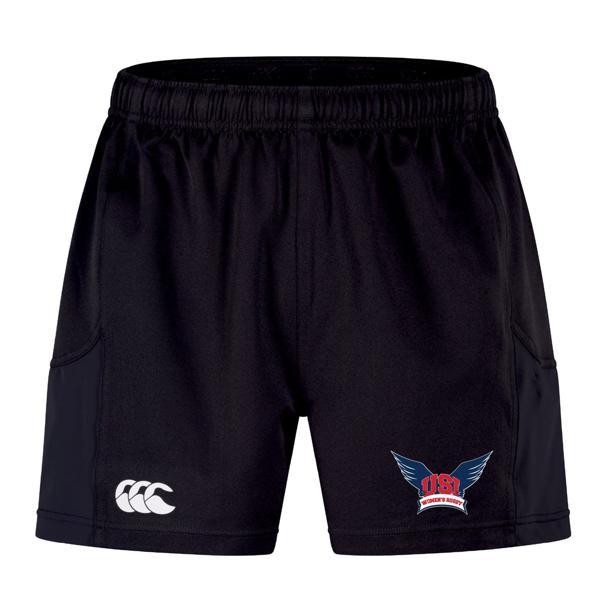 The University of Southern Indiana Women Advantage Short 2.0 by EMB Canterbury features an elastic waistband, white Canterbury logo on the left leg, and a USI logo on the right—ideal sustainable shorts for performance training.
