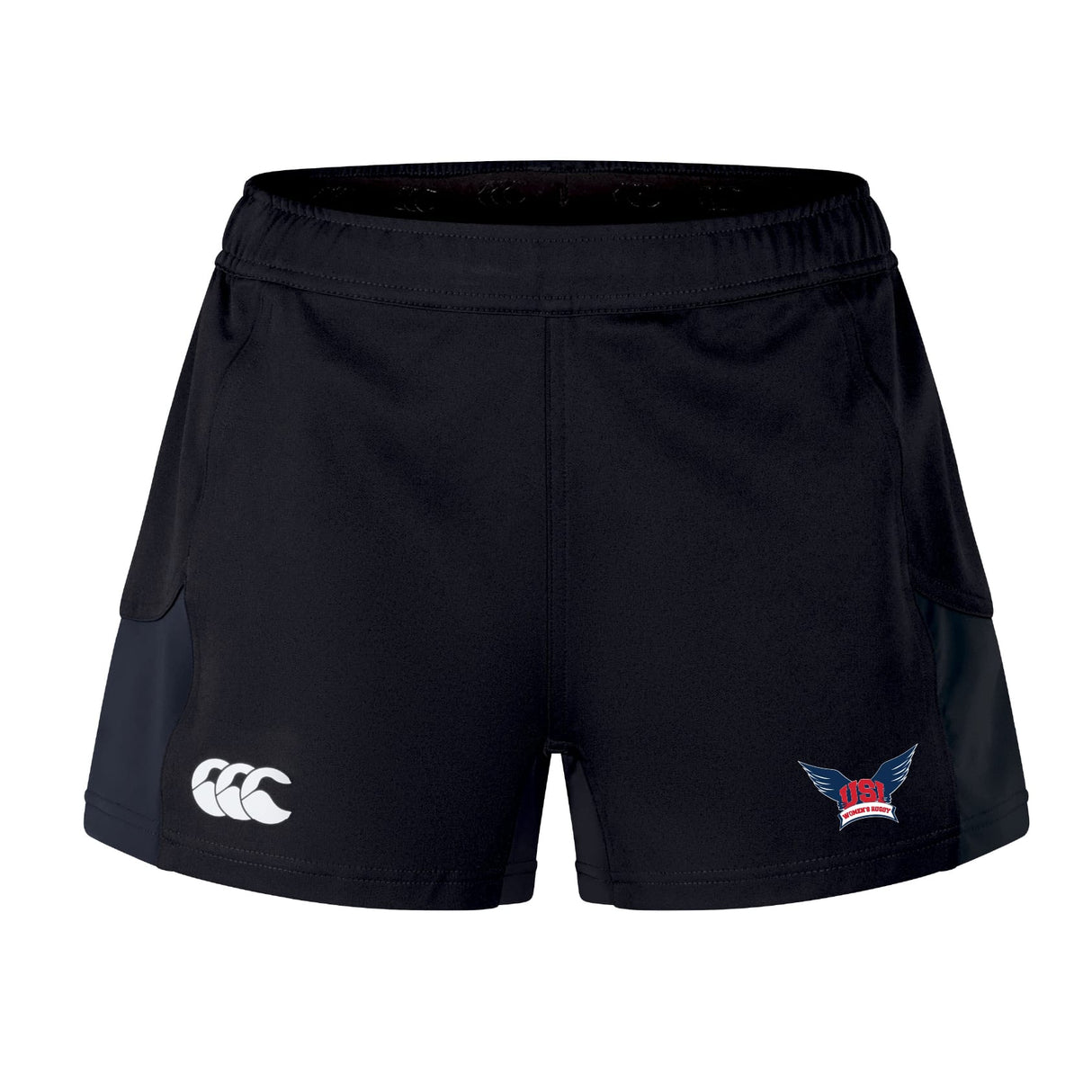 The EMB Canterbury University of Southern Indiana Women’s Advantage Short 2.0 features a white Canterbury logo on the left leg, a winged "USA" badge on the right, and is crafted with recycled content for peak performance during training.