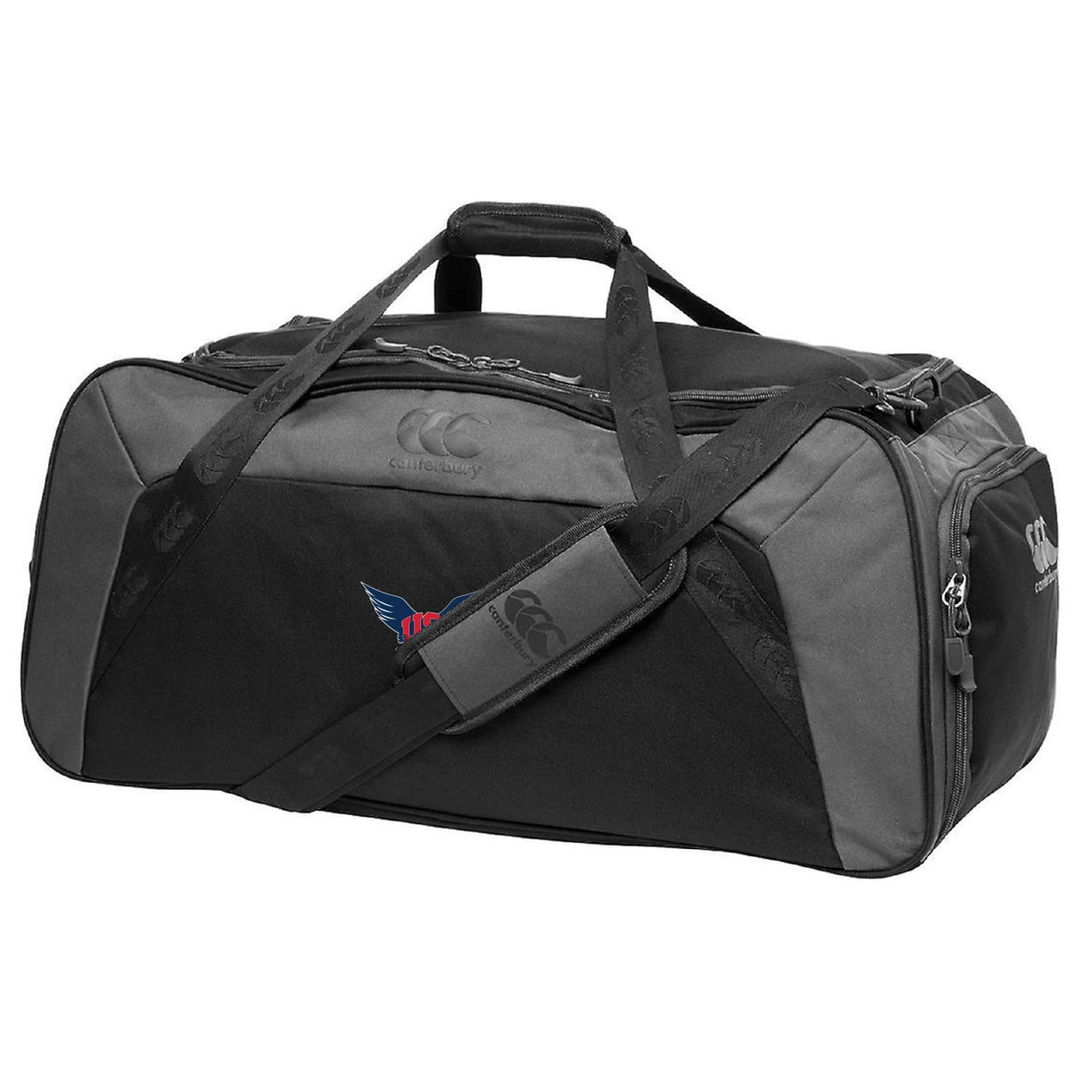 The EMB Canterbury University of Southern Indiana Women Holdall Duffle Bag features black and gray colors, a shoulder strap, two handles, zippered compartments, and an embroidered side logo—ideal for carrying all your rugby gear.